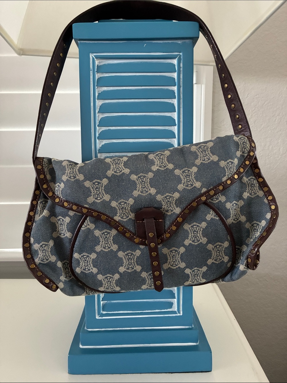 Celine Blue and Cream Monogram Shoulder Bag with Brown Leather Trim and Studs